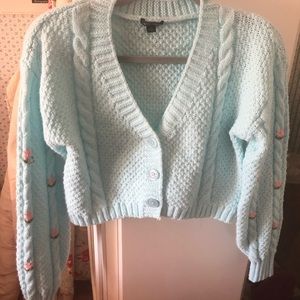 Wild Fable light blue cropped cardigan with embroidered pink flowers